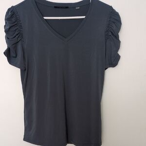 T Tahari Slate Blue V-Neck Top with Ruched Sleeves